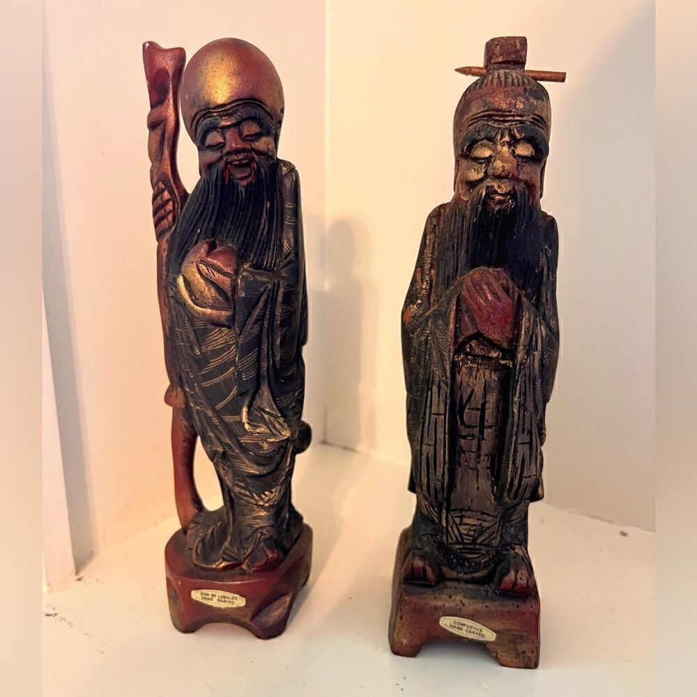 Vintage Pair of 2 Hard Carved Wood Figures Confucius and God of Longlife